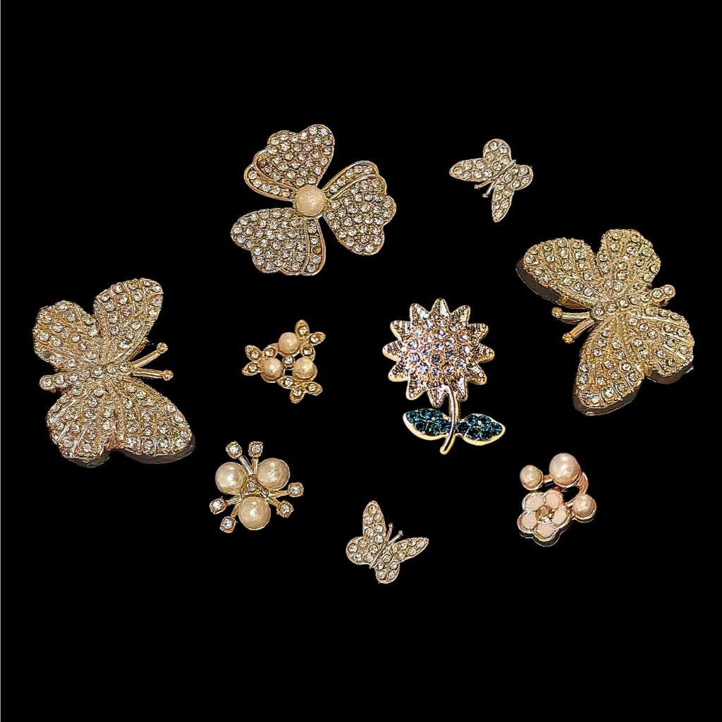Set Charm Hoa Bướm Kim Sa Phong Cách Tiểu Thư Vintage Đính Đá Lấp Lánh Trang Trí Dép Túi Phụ Kiện Xinh Xắn Cao Cấp