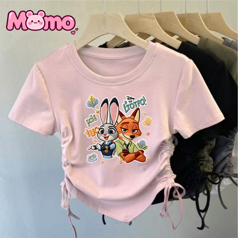 Zootopia hoạt hình giả thêu in họa tiết dây rút thiết kế giản dị cổ tròn ngắn tay