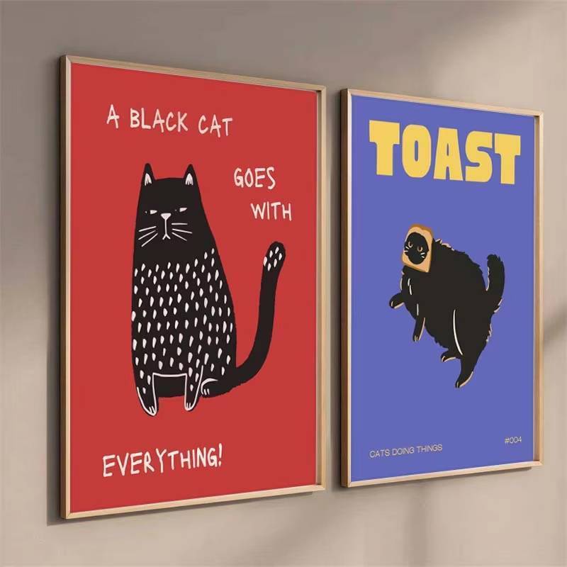 Modern Trendy Black Cat  Food Canvas Painting Cute Funny Animal Wall Art Art Home Wall Decor Canvas Poster
