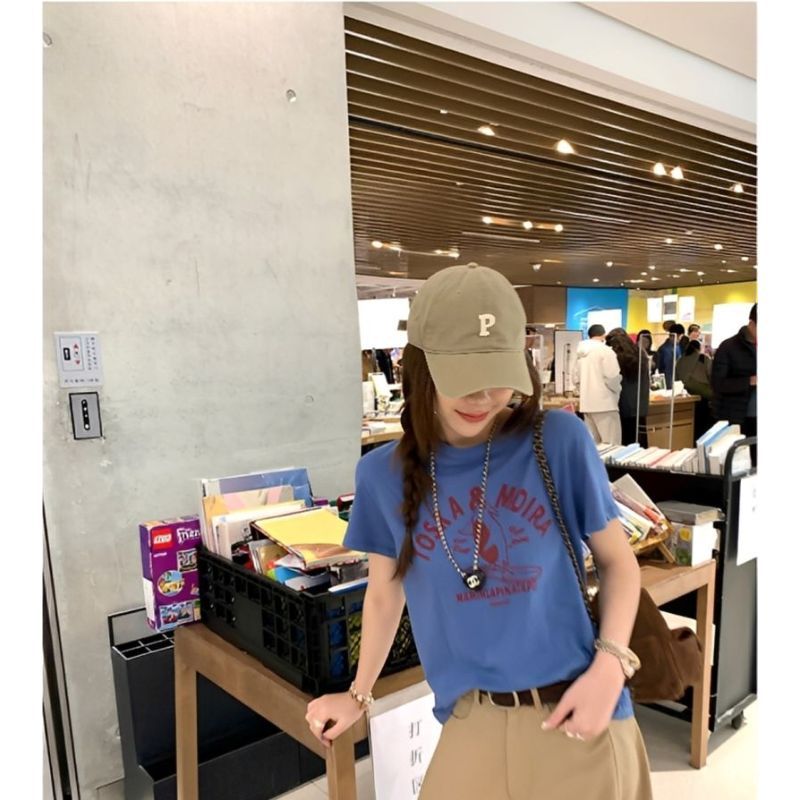 [Mặc nhỏ dễ thương] Áo thun ngắn tay in hình chim cánh cụt màu xanh mùa hè Slim-Fit Slimer Look Top Hợp thời trang