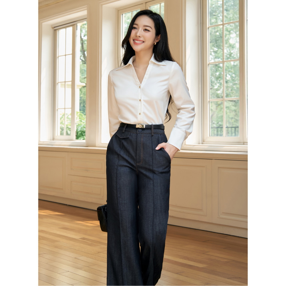 Áo sơ mi nữ ELLA DORA thiết kế cổ V form gọn cúc đồng phong cách thanh lịch hiện đại [SM177]