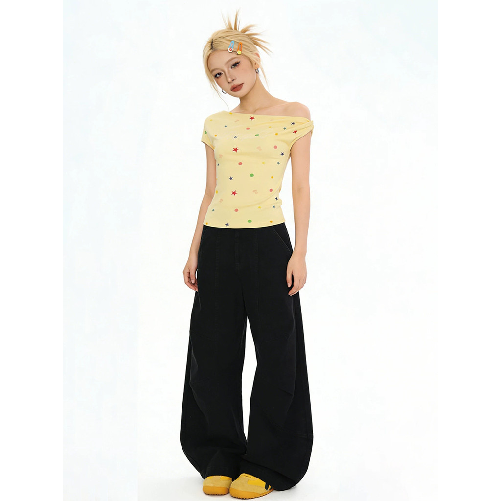 Áo Thun babytee Màu chấm bi in hình vai nghiêng mùa hè Dopamine Color Series