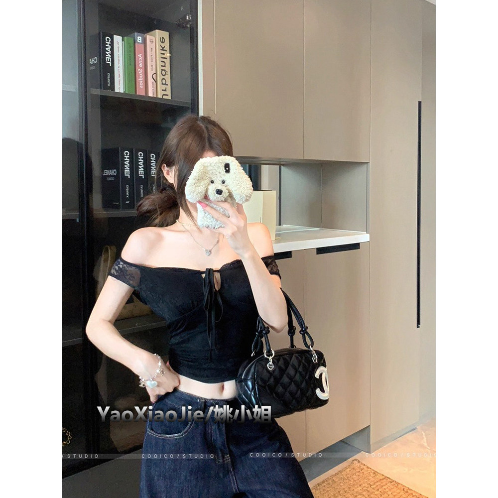 Ren Khâu Nguyên Chất Desire Phong Cách Ren-Up Camisole Nữ Áo Đen