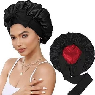 Mũ ngủ satin hai lớp dành cho nữ, có nơ và vành rộng, co giãn tốt