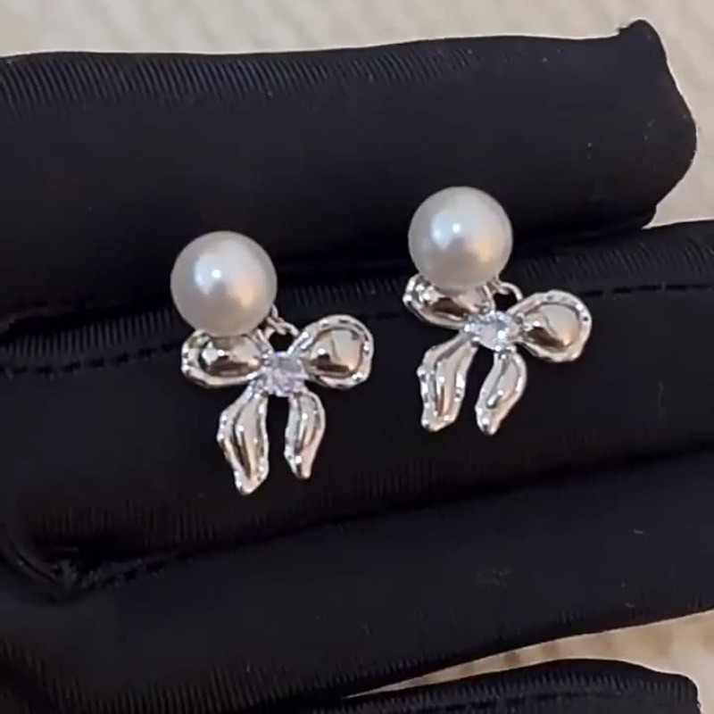 Bông tai ngọc trai và zirconia, thiết kế nơ, phong cách Hàn Quốc, màu bạc, phù hợp làm quà tặng sinh nhật cho sinh viên