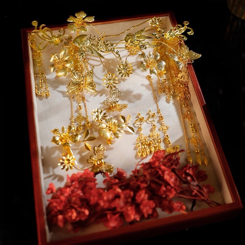 Mũ đội đầu cô dâu rồng vàng phượng hoàng, kẹp tóc đơn giản, phụ kiện tóc cưới retro