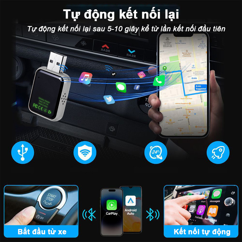 Bộ Chuyển Đổi Ô Tô 2in1 - Nâng Cấp Lên CarPlay & Android Auto Không Dây Từ Cổng Có Dây, Hỗ Trợ WiFi 5G & OTA