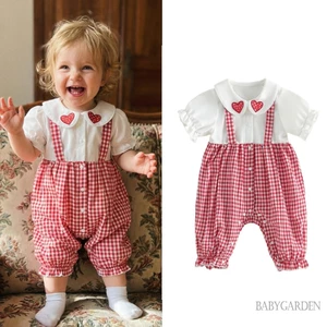 Bé Gái Ngày Lễ Tình Nhân Jumpsuit Chắp Vá Tay Ngắn Búp Bê Cổ Nút Lên Kẻ Sọc Áo Liền Quần