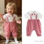 Bé Gái Ngày Lễ Tình Nhân Jumpsuit Chắp Vá Tay Ngắn Búp Bê Cổ Nút Lên Kẻ Sọc Áo Liền Quần