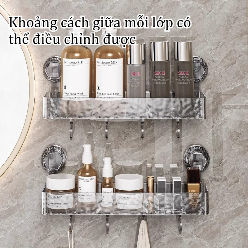 Kệ để đồ Nhà Tắm Hút Chân Không, Dán Tường,Vật Liệu Trong Suốt Có Móc Treo, đựng Dầu Gội Sữa Tắm, Phụ Kiện