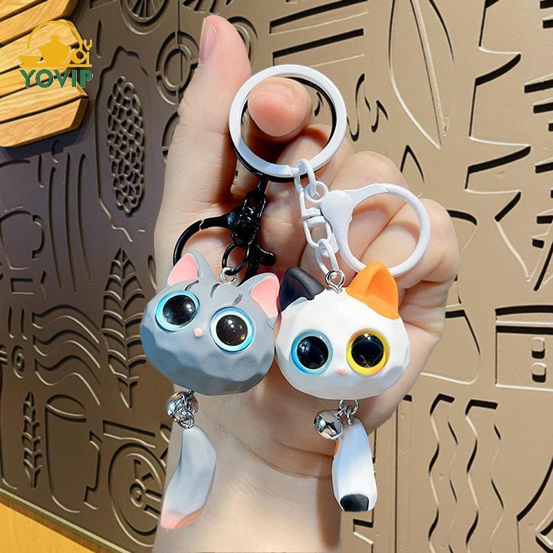 YOVIP Hoạt Hình Sáng Tạo Mắt Lớn Đầu Mèo Móc Khóa Unisex Xe Móc Khóa Dễ Thương Tinh Tế Đầu Mèo Mặt Dây Chuyền Bền Chống Mất 3D Móc Khóa VN