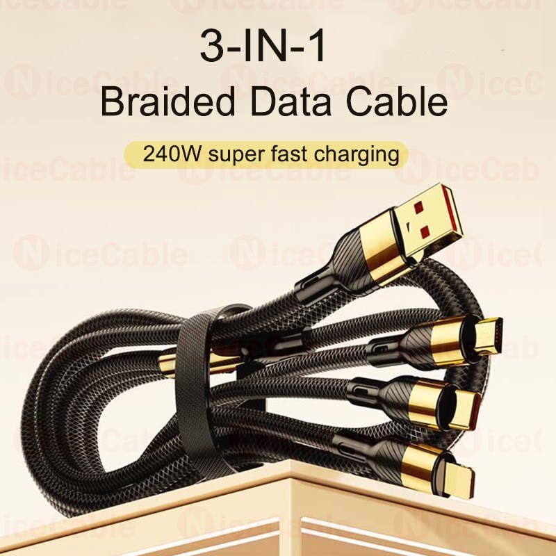 Cáp dữ liệu sạc siêu nhanh 240W Dây sạc điện thoại di động USB 3 TRONG 1 1.3M / 2M Tùy chọn Cáp bện cường độ cao Hỗ trợ truyền dữ liệu