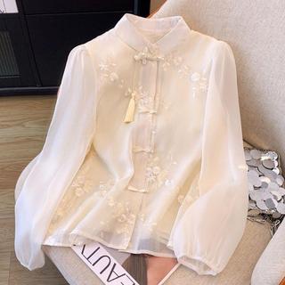 Áo sơ mi retro phong cách Trung Hoa thêu tay, cổ đứng sang trọng