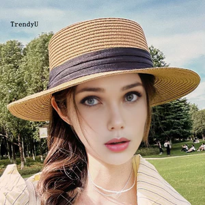 Mũ rơm tự nhiên với vành rộng và ống hút tự nhiên, chống nắng hiệu quả, có nơ ruy băng - Món phụ kiện thời trang cho ngày hè
