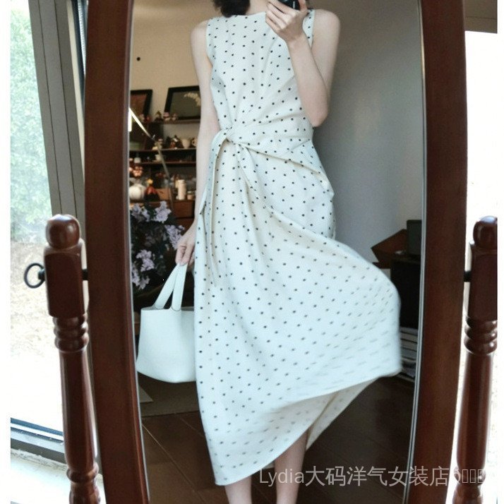 Đầm vest nữ mùa hè chất lượng cao, không tay, họa tiết chấm bi với thiết kế dây eo nhỏ và dáng dài chữ A