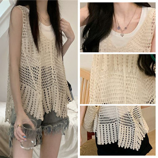 Nova-Áo 3 lỗ, áo ren biển dệt kim kiểu dáng cách điệu trẻ trung cá tính màu kem trắng Thời Trang Cho Nữ