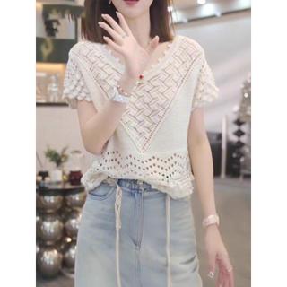 Áo thun cổ chữ V nữ, dệt kim mỏng nhẹ, thời trang dáng oversize