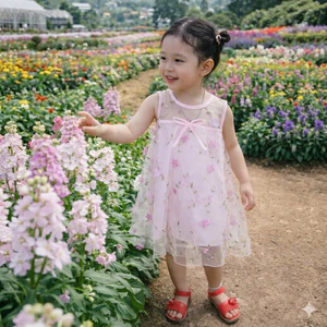 Váy Bé Gái Voan Thêu Hoa 3D Màu Hồng Đào8-18kg, Đầm Công Chúa Cho Bé 1–5 Tuổi Đi Chơi, Dự Tiệc