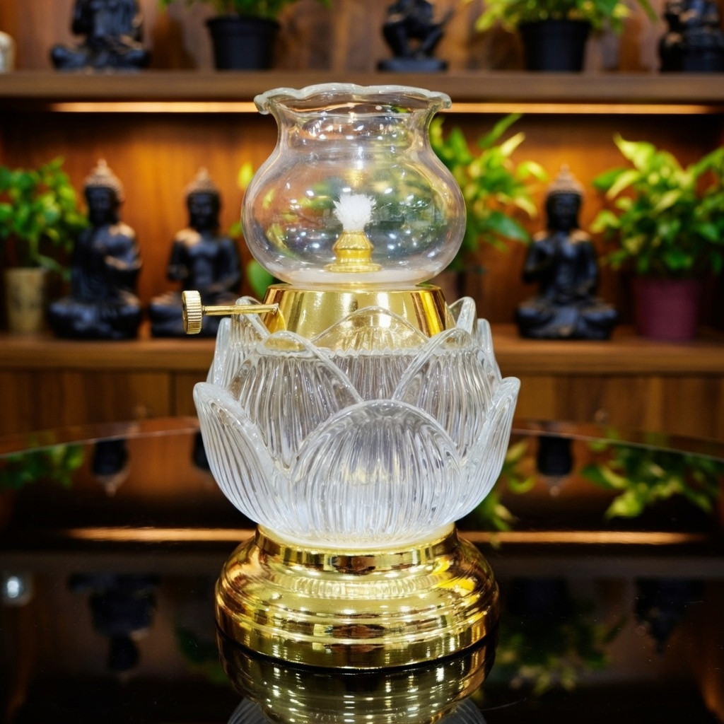 Đèn Dầu Thờ Cúng Hình Hoa Sen Lưu Ly Vàng - Đèn Bàn Thờ Cúng Gia Tiên, Thần Tài, Thờ Phật - Chất Liệu Cao Cấp [ Đèn 035]
