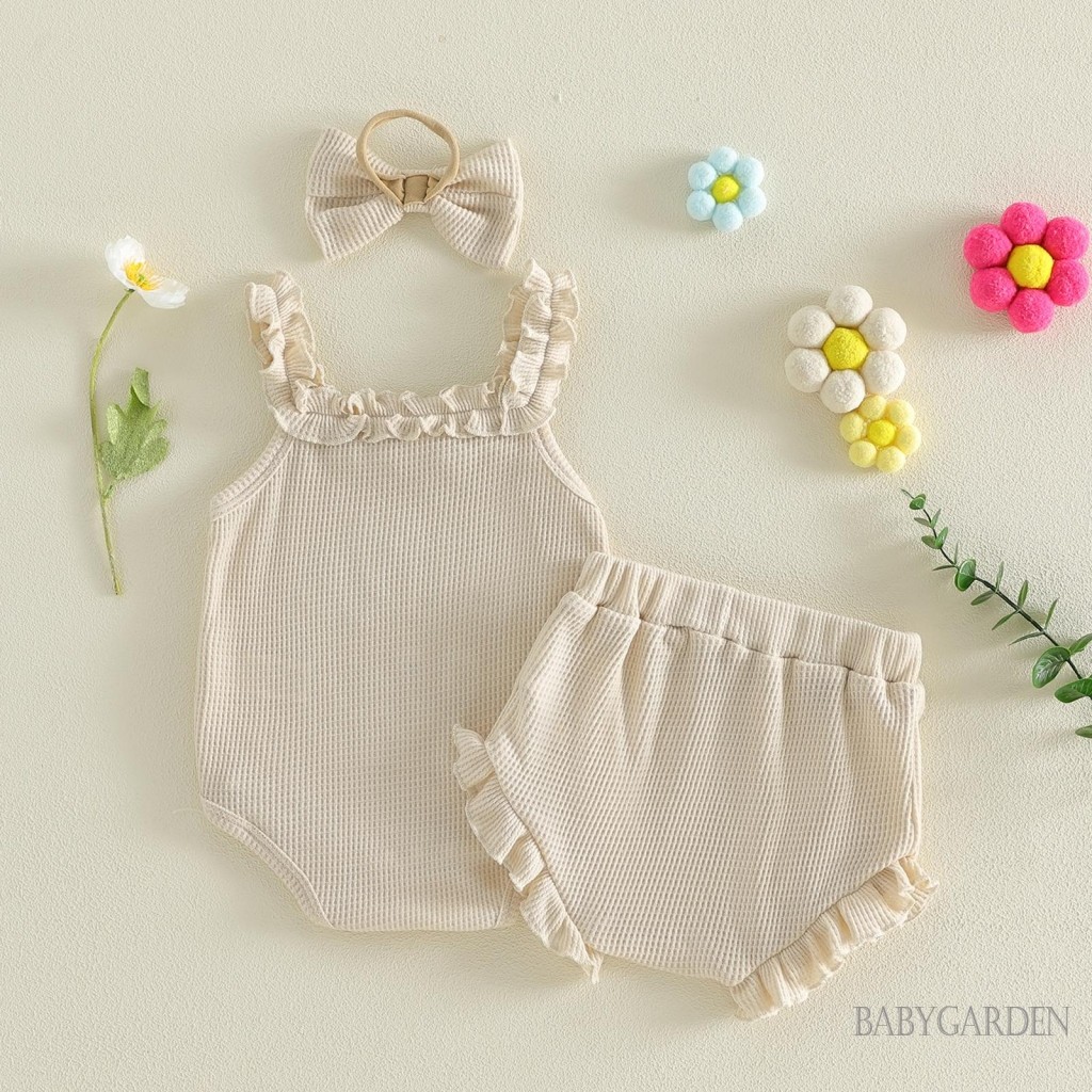 Bộ áo liền quần thêu chữ không tay cho bé gái mùa hè + quần short + băng đô