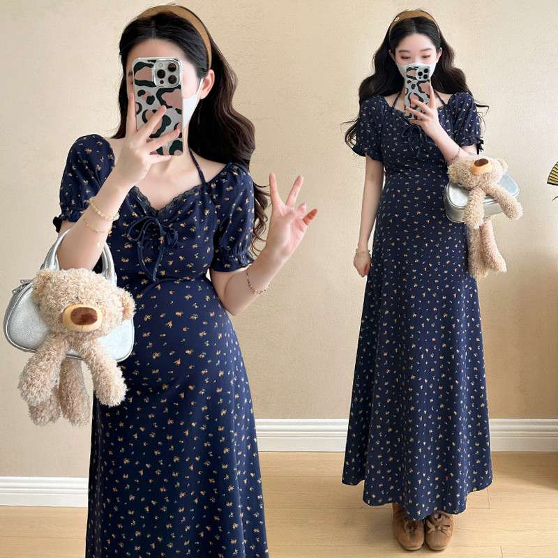 Váy bà bầu mùa hè từ cotton nguyên chất có họa tiết hoa, phiên bản Hàn Quốc