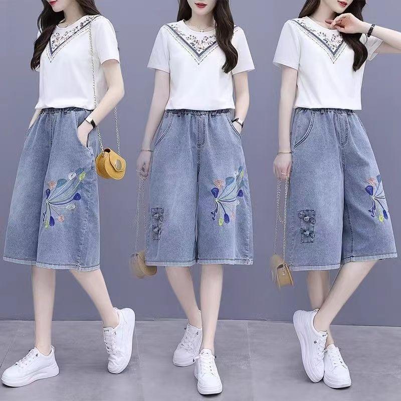 Thời Trang Retro Thêu Denim Crop Quần Nữ 2026 Kích Thước Lớn Cao Cấp Ôm Hơn Nhìn Rời Phù Hợp Với Mỏng Rộng Quần