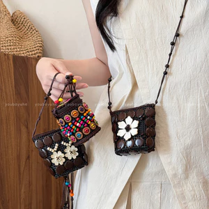 Bohemian Phong Cách Dân Tộc Vỏ Dừa Túi Nữ Tay Dệt Tai Nghe Túi Son Môi Retro Niche Thiết Kế Ví Đựng Tiền Xu