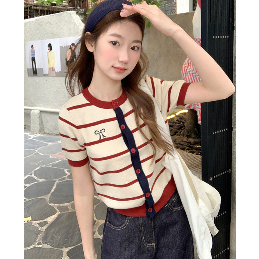 SUXI Áo dệt kim ngắn tay sọc đơn giản mùa hè mới dành cho nữ 260416