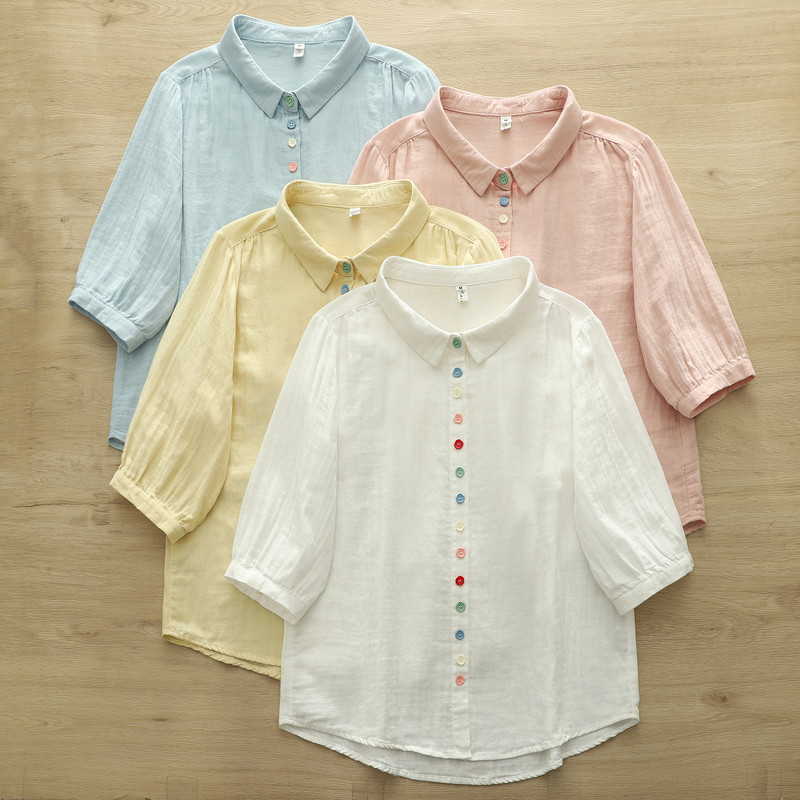 Áo sơ mi nữ tay ngắn cardigan, 100% sợi cotton chất lượng cao, nút màu biến