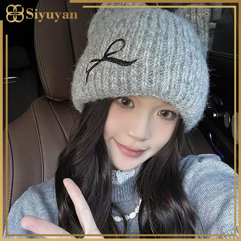 Mũ Bé Gái Siyuyan Tai Dễ Thương Thu Đông Mũ Dệt Kim Mới Mùa Đông Nơ Ấm Áp Mũ Nhỏ Chống Lạnh Mũ Ấm Áp 1PC VN