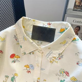 Áo sơ mi tay ngắn họa tiết hoạt hình xinh xắn, phong cách preppy phù hợp cả mùa hè và mùa thu