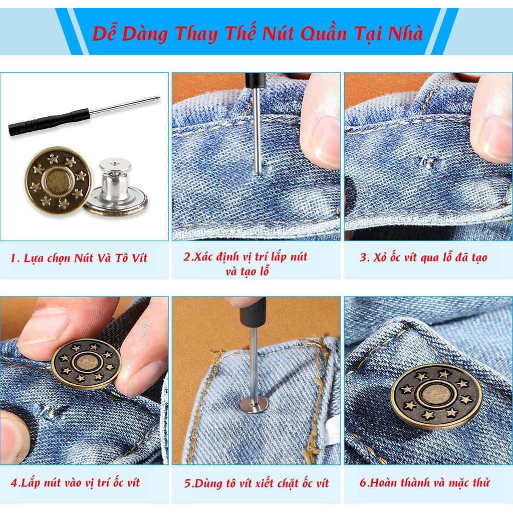 [Hộp 40 Cúc Tặng Kèm Tô Vít] Bộ 40 Cúc Quần Jean Bằng Kim Loại Có Thể Tháo Rời Đường Kính 17mm, Thiết Kế Mosaic