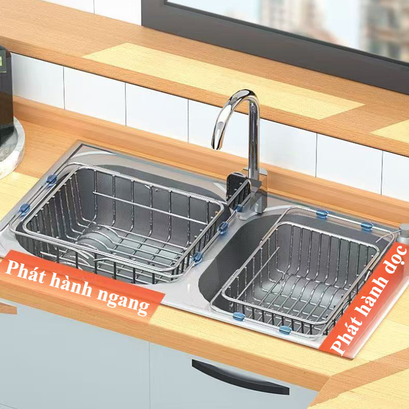Rổ Rửa Rau Đa Năng Inox 304 Thiết Kế Kéo Dài Thu Gọn Làm Ráo Nước Nhanh Đệm Chống Trượt Cho Bồn Rửa Bát Nhà Bếp