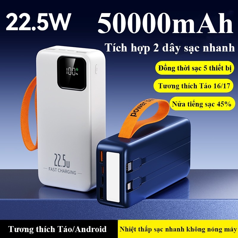 Sạc dự phòng 50000mAh Sạc Nhanh 22.5W Có Đèn Chiếu Sáng Tích Hợp 2 Dây Sạc Tiện Lợi Màn Hình Led