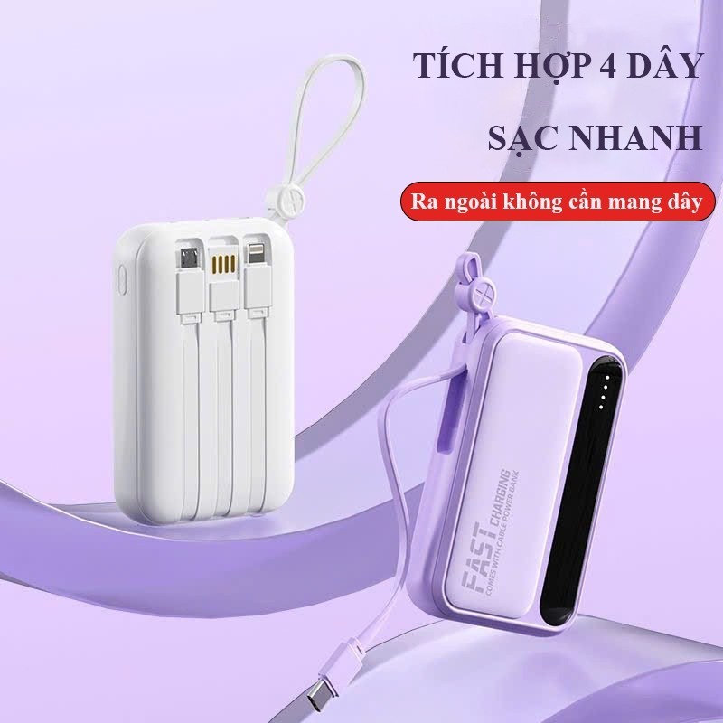 Sạc dự phòng 20000mAh mini cầm tay tích hợp dây sạc siêu tiện lợi đèn LED hiển thị phần trăm pin