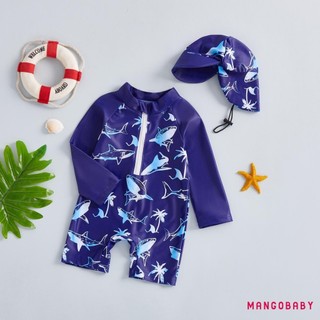 MG-Toddler Baby Rash Guard Đồ bơi Dễ thương In hình cá mập Dây kéo Bộ đồ tắm dài tay có mũ bơi