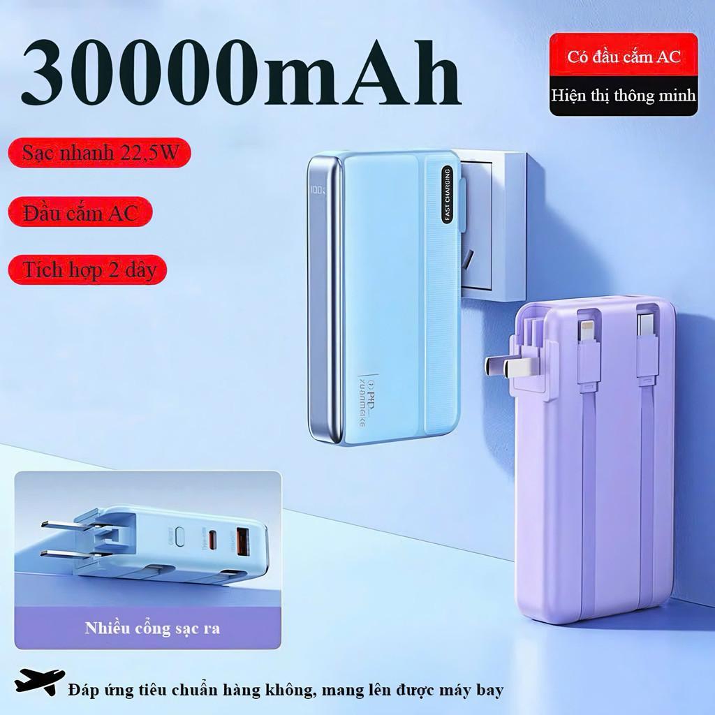 Sạc Dự Phòng 30000mAh 22.5W - Sẵn Chân AC & Cáp TypeC/LN - Sạc Nhanh Đa Năng, Màn Hình LED