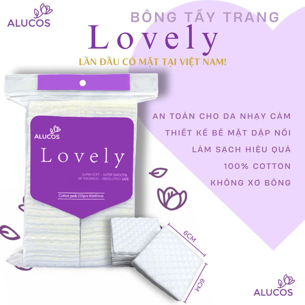 Bông Tẩy Trang Alucos LOVELY 210 Miếng Siêu Xịn, Mềm Mịn, Bông Tẩy Trang Cotton 100% Ép Viền Dịu Nhẹ Cho Da An Lành