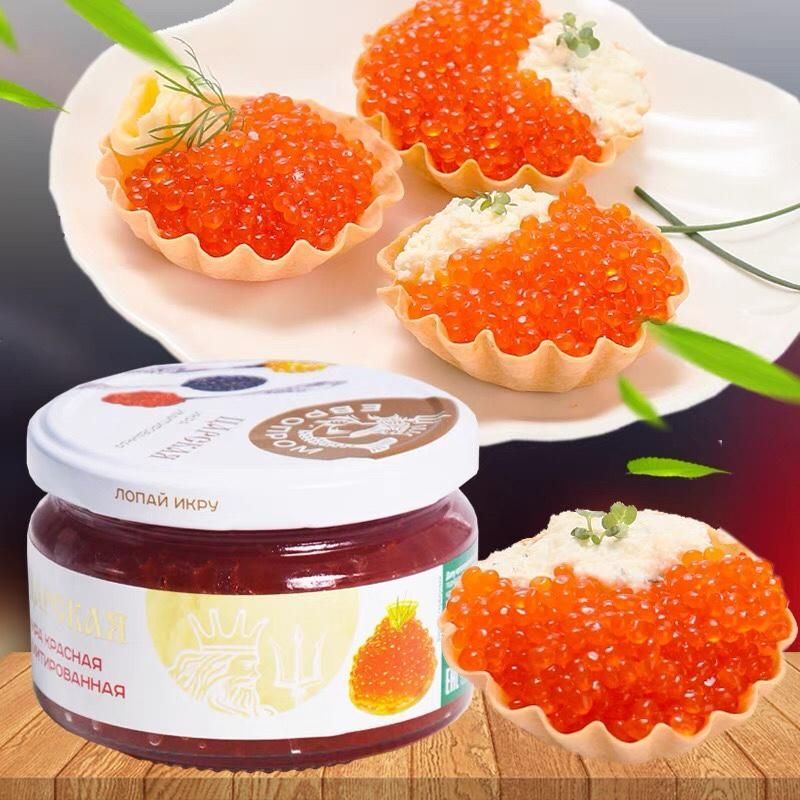 Trứng cá hồi đỏ Nga nhập khẩu 220g hộp thủy tinh ăn liền Thức Ăn Ăn Vặt