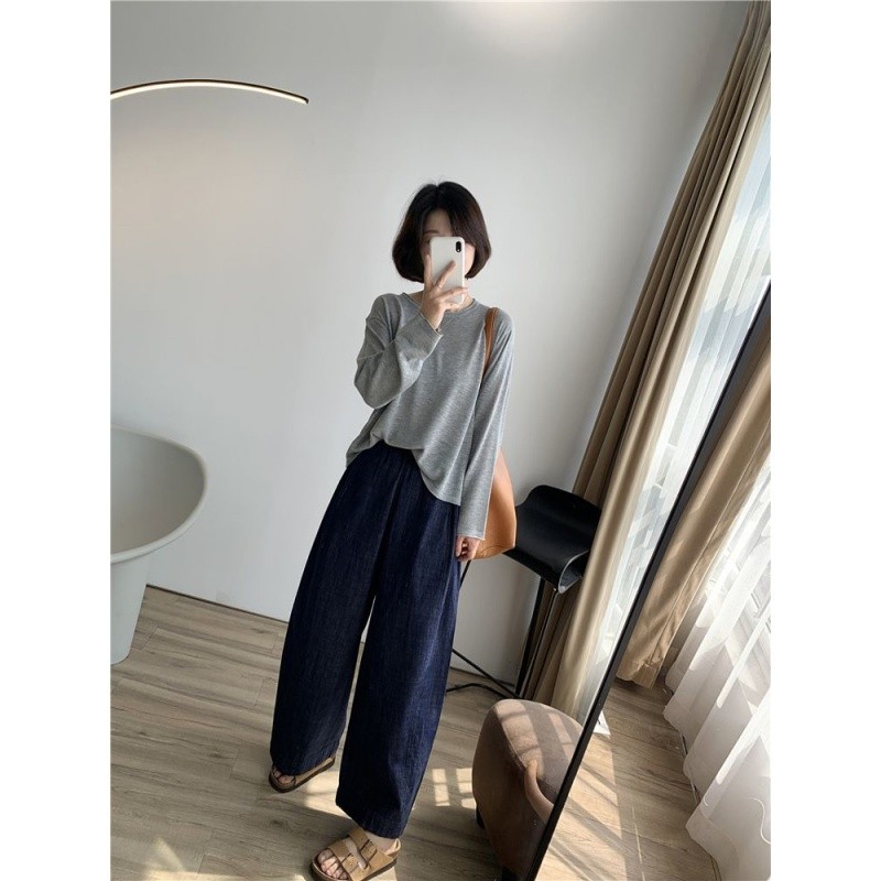 quần ống rộng Quần crop thường ngày có dây rút màu xanh