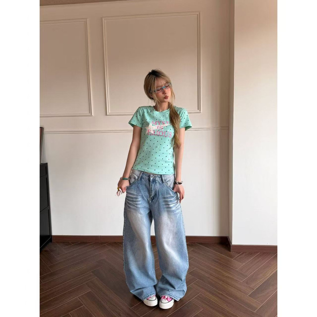 Áo Thun Đầm polka dot cổ tròn phong cách Hàn Quốc, chính hãng, phù hợp mặc hàng ngày mùa hè