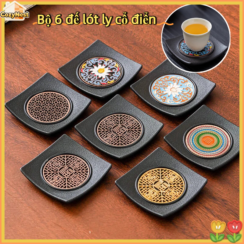 Bộ 6 đế lót ly cổ điển - Chống bỏng, trơn trượt - Hoa rỗng tinh tế - Dùng bàn trà, quà lễ tết