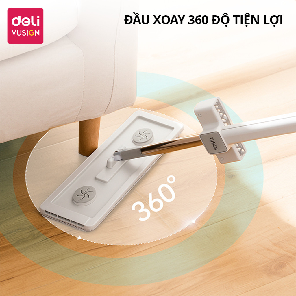 Cây Lau Nhà Tự Vắt Deli Vusign  Đầu Xoay 360 Độ Linh Hoạt KÈM 2 BÔNG Chổi Lau Nhà Thông Minh Lau Sạch Mọi Góc
