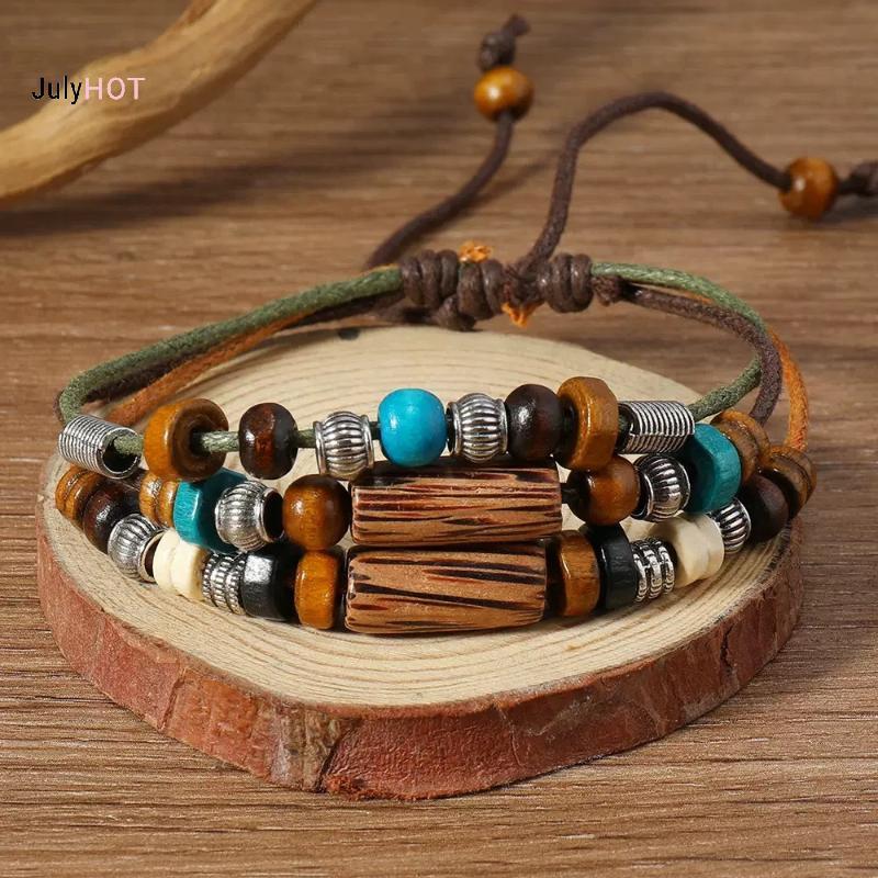 JULY HOT - Bộ 2 Chiếc: Dây Chuyền Nhiều Lớp Hạt Gỗ và Bracelet Da Đính Hạt Phong Cách Vintage