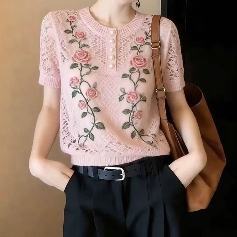 Áo Thun Nữ Phong Cách Hàn Quốc Mới Nhất, Họa Tiết Hoa Hồng, Cổ Tròn, Thoáng Khí Mùa Hè