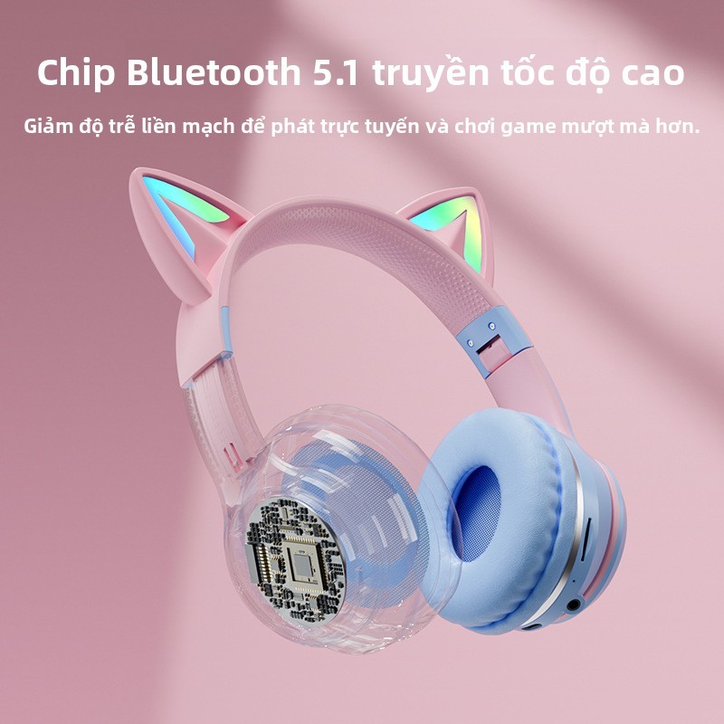 Tai nghe Bluetooth tai mèo, có đèn LED, chip Bluetooth 5.1, có thể gập lại, dùng cho chơi game, học tập và trực tuyến.