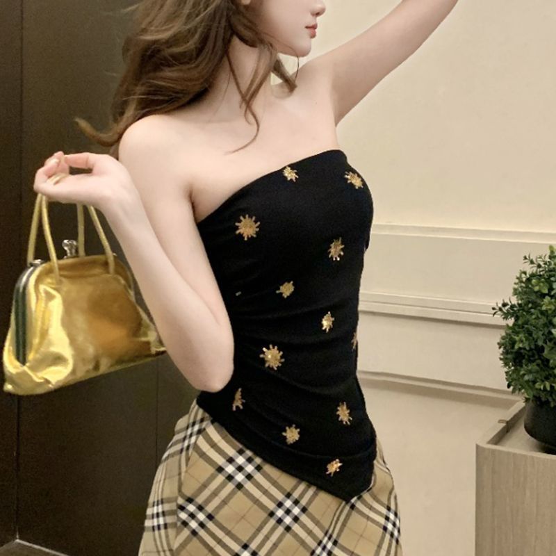 Milyfashion Tube Top sang trọng, gợi cảm với kim sa lấp lánh cho mùa hè - Có miếng lót ngực, dáng slim fit