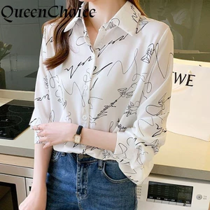 Áo sơ mi voan tay dài in hình, thời trang cho nữ, phù hợp làm việc