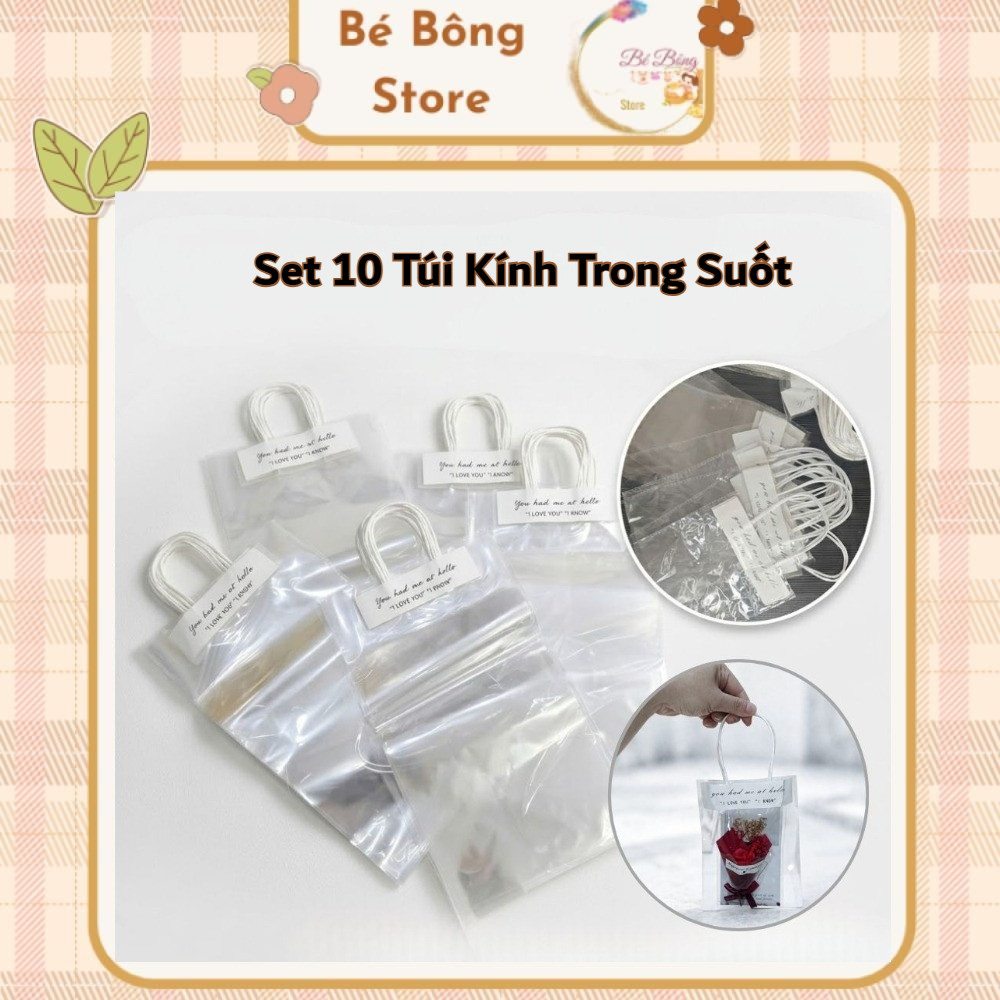 Set 10 Túi Kính Trong Suốt Có Quai Xách – Túi Đựng Bánh Kẹo, Quà Tặng, Bó Hoa