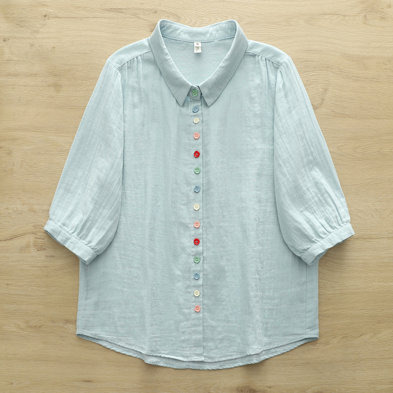 Áo sơ mi nữ tay ngắn cardigan, 100% sợi cotton chất lượng cao, nút màu biến